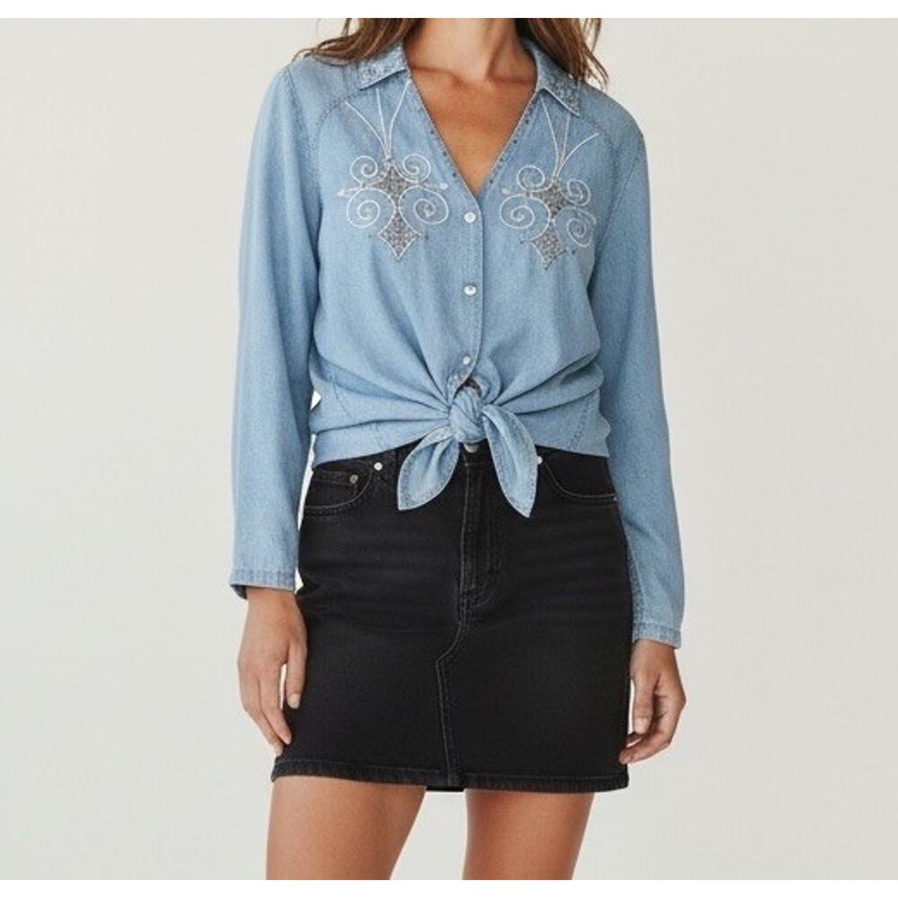 Monique Fashions Denim Shirt Womens 10 Blue Chambray Western Studded Embellished